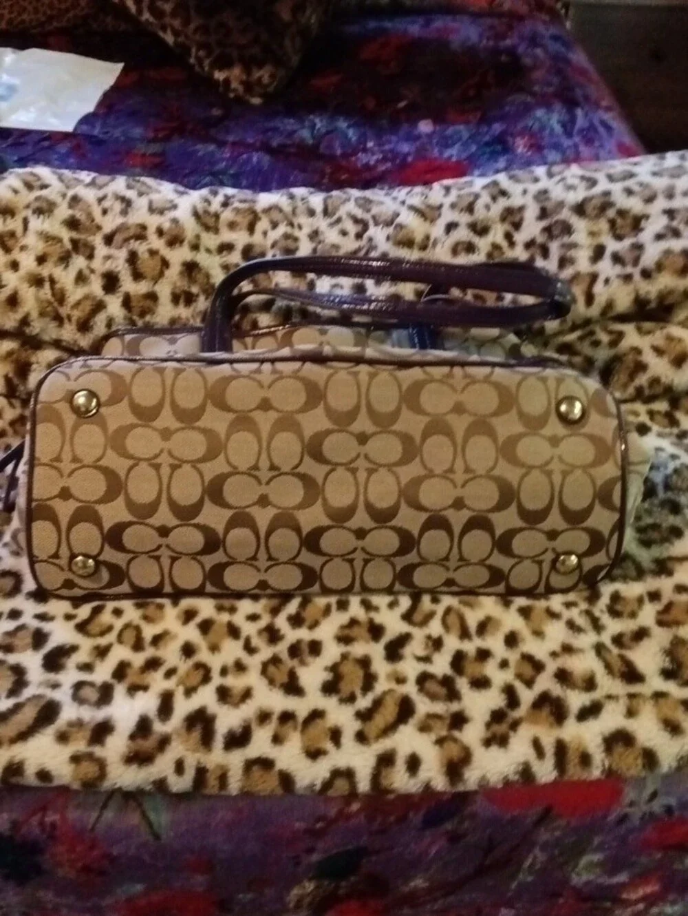 Coach Beige Signature Canvas Tote with Purple Trim